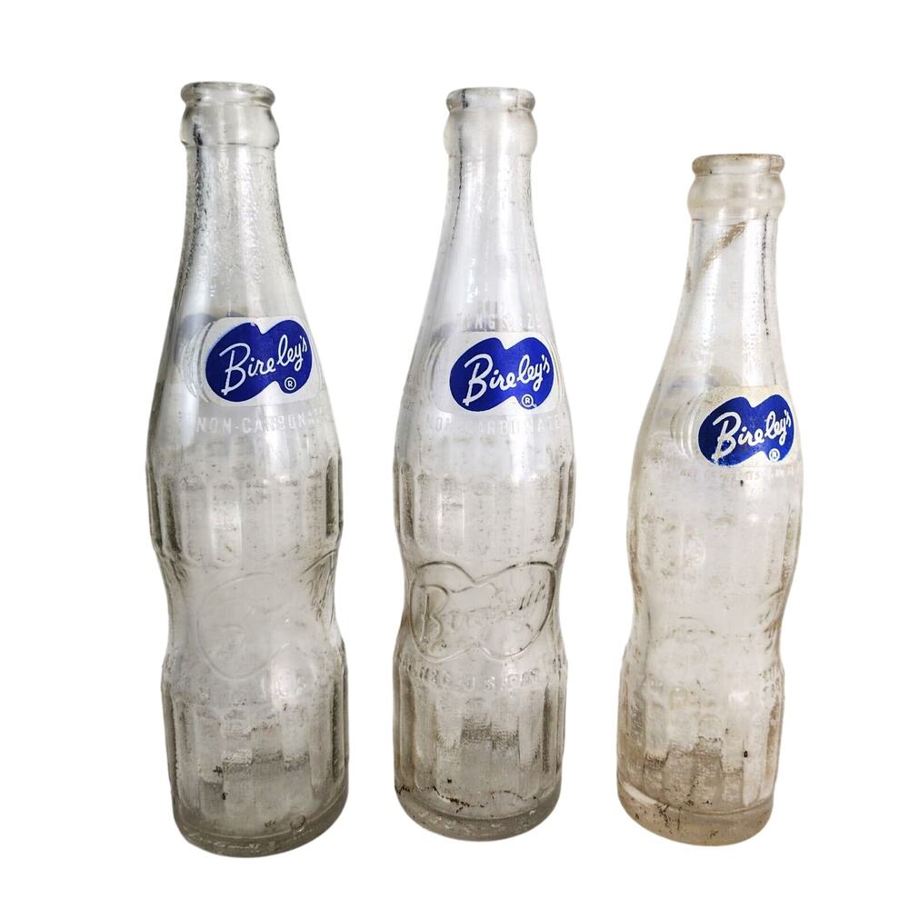 Set 3 Vtg Bireley's Blue ACL Glass Soda Bottles 6.75oz, King Size 10oz 1930s-50s
